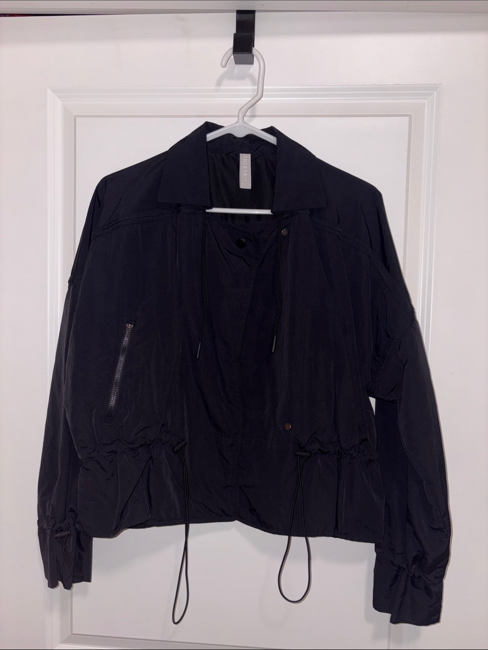 Athleta Black Drawstring Bomber Rain Jacket